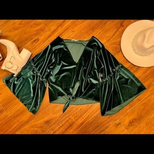Emerald Green Velvet Tie Front Bell Sleeve Blouse